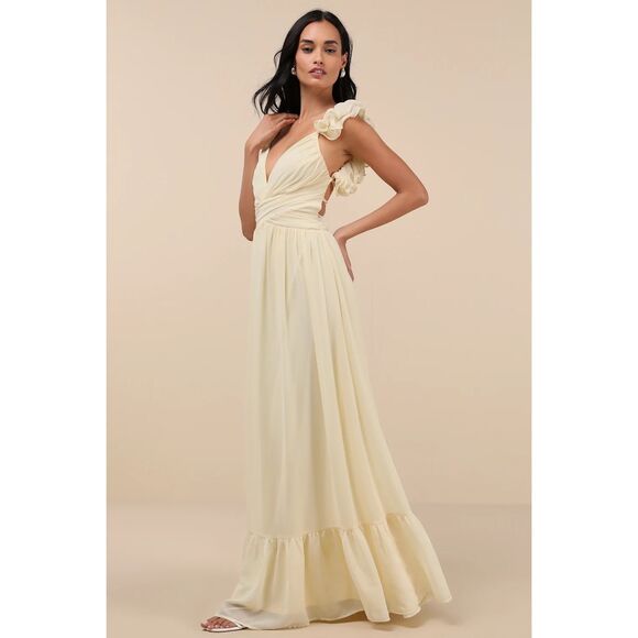 Lulus Soiree Celebration Light Yellow Ruffled Lace-Up Maxi Dress Size XL NWT - Picture 4 of 10